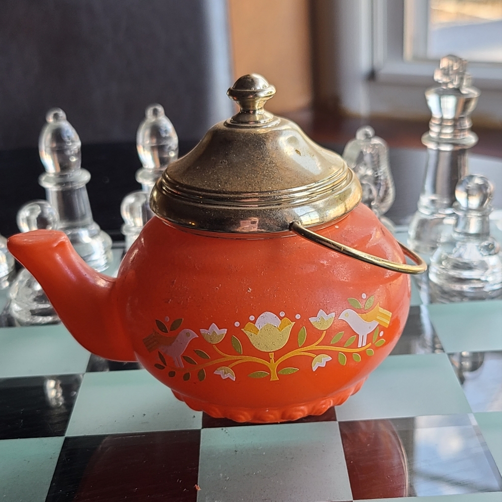 Vintage Orange Teapot with Floral Design Collectible AVON Empty Bottle
